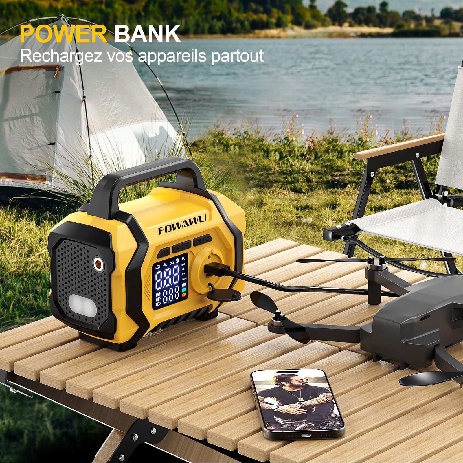 FOWAWU Booster Batterie Voiture avec Gonfleur 9-en-1, Démarreur de Batterie 8000A 26800mAh(Jusqu'à All d'essence / 10 L de Diesel), Gonfleur Pneus Voiture 150psi Arrêt Automatique