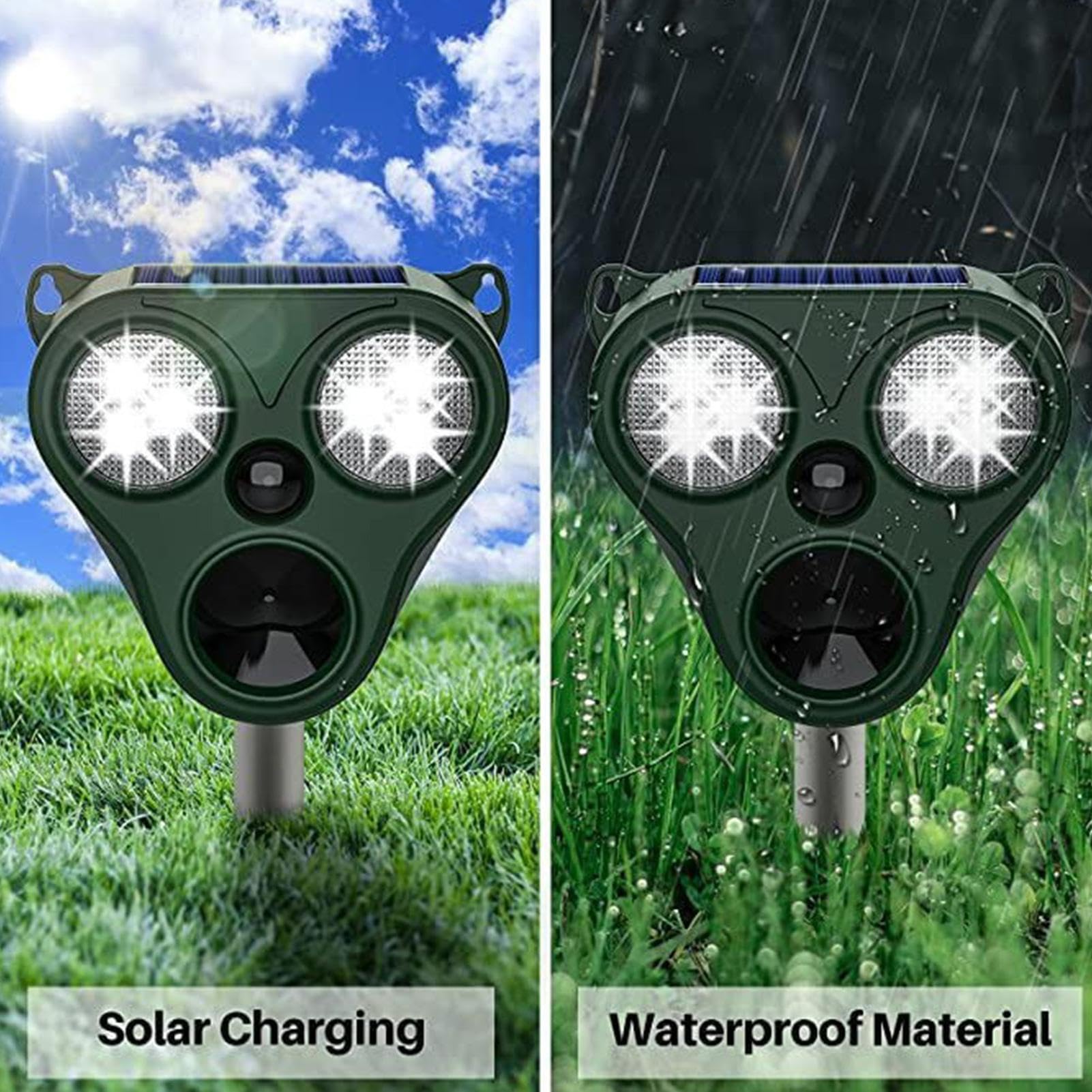 Repellente per animali ad energia solare, repellente ad ultrasuoni per uccelli e topi, dispositivo esterno impermeabile con luci LED per cortile, giardino e fattoria