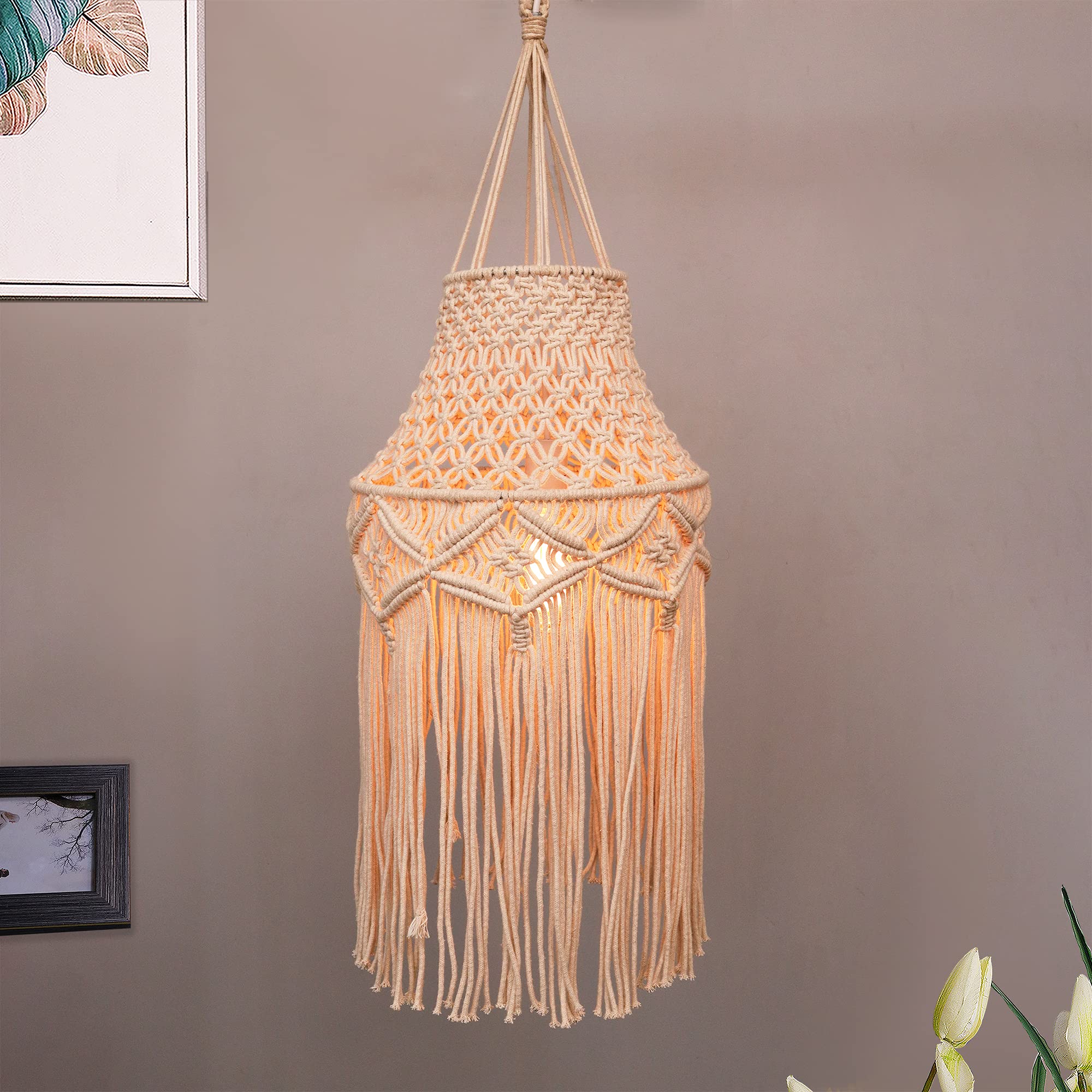 Homesake Boho Macrame Hanging Lamp - Handwoven Cotton Rope Pendant Light, Warm Light, Indoor Decor, Living Room, Bedroom, Dining Room, Handmade, Bohemian, Rustic, Accent Lighting (Beige)