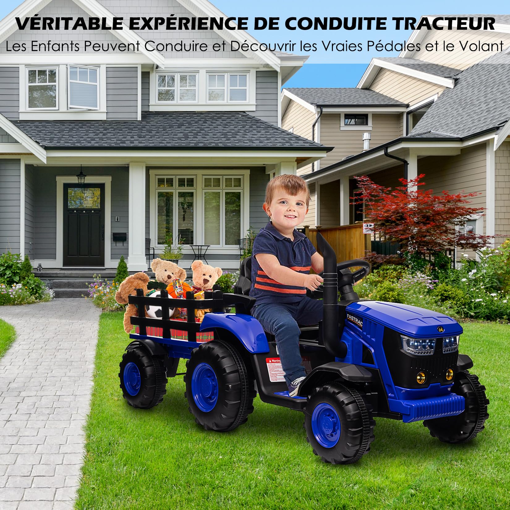 Trattore elettrico per bambini con rimorchio rimovibile doppio motore 35 W, auto elettrica 12 V a 6 pneumatici per bambini con telecomando, musica, 3 velocità, 7 LED, clacson (Blu)