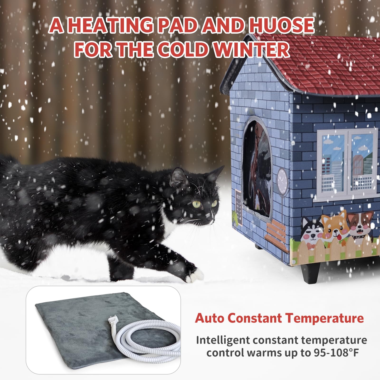 Elevated Base Heated Cat House for Outdoor,Heated Kitty House for Outside in Winter Blue