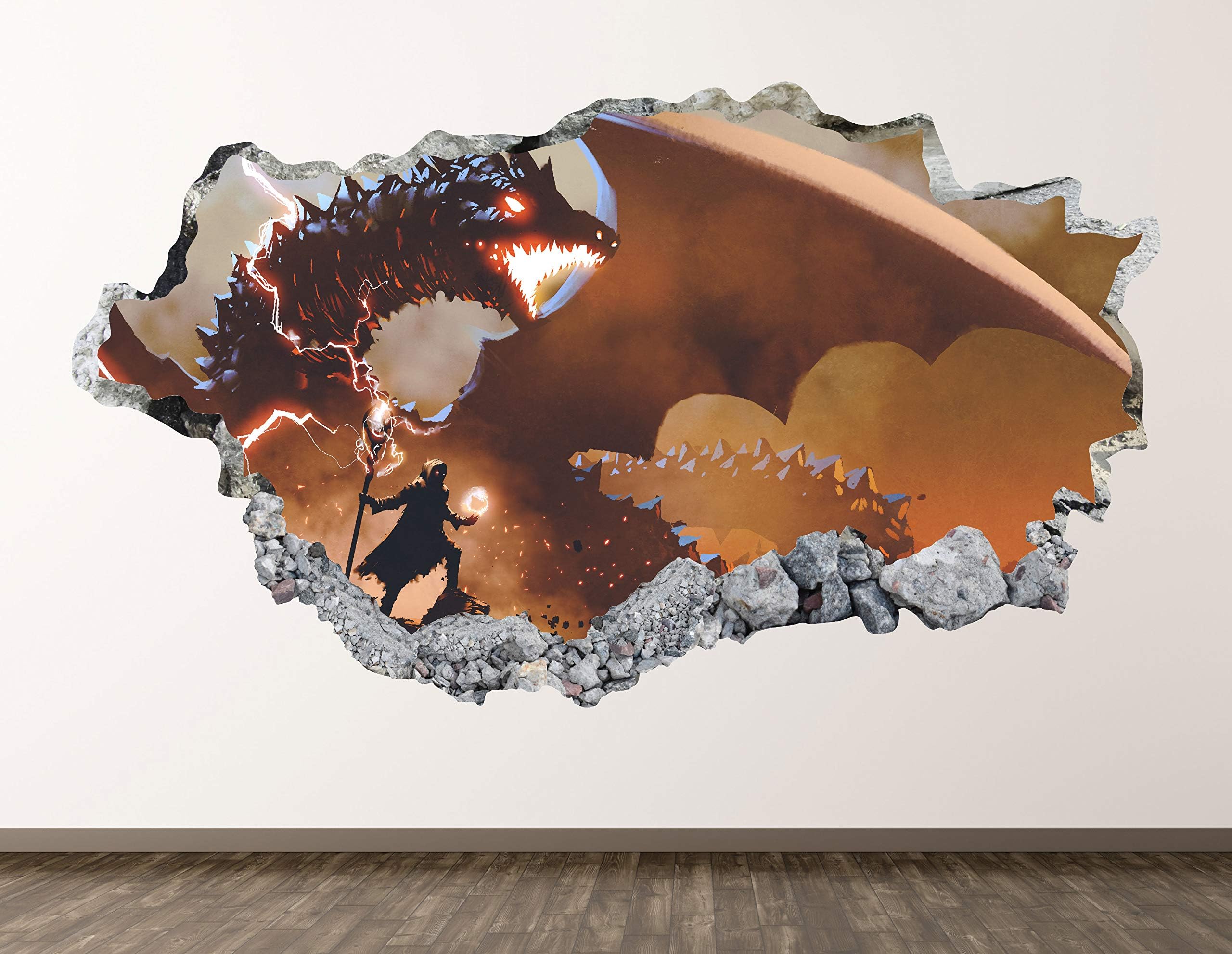 Dragon Wall Decal Art Decor 3D Smashed Magic Fight Sticker Poster Kids Room Mural Custom Gift BL1079 (22" W x 14" H)