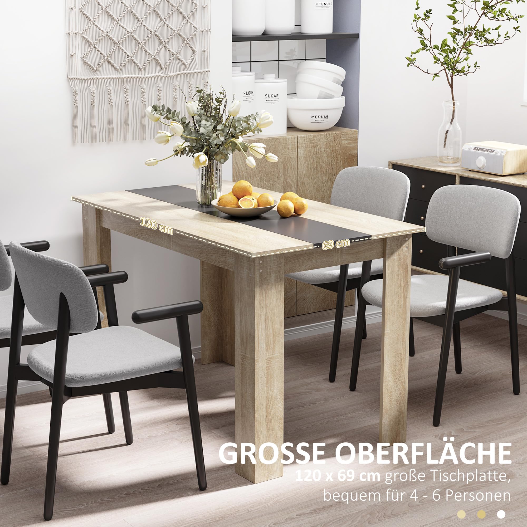 HOMCOM Rechteckiger Esstisch für 4-6 Personen, Eiche & Schwarz