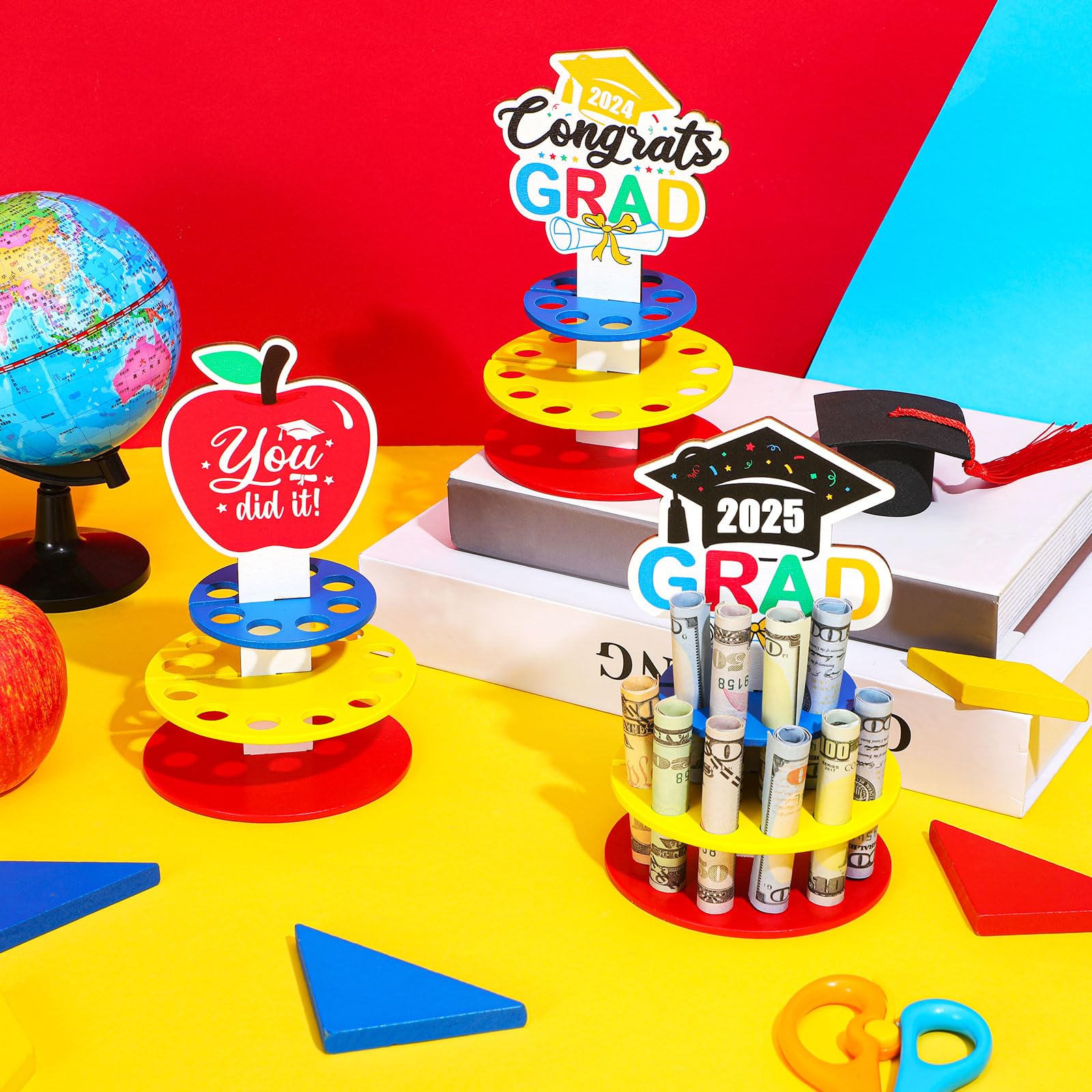 Anglechic 3 Pcs Graduation Money Holder for Cash 2025 Graduation Gift Wooden Cash Cake with 60 Hole Double-Layer DIY Money Holder Gift for Elementary Congrats Grad Party Supplies