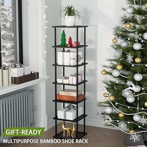 Miniatura 7 de Zapatero alto vertical para entrada, 7 niveles, delgado, estrecho, de madera de bambú, apilable, soporte de almacenamiento para botas, espacios