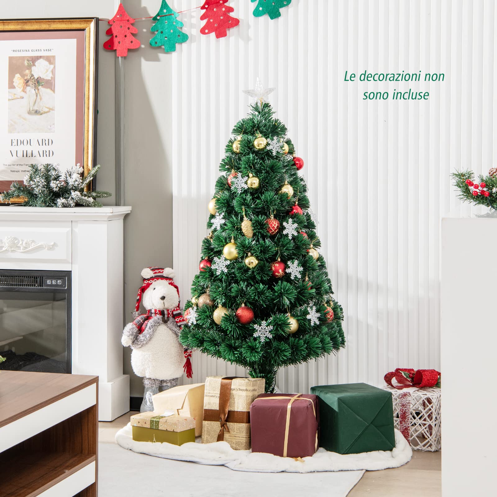COSTWAY Albero di Natale 90/120/150/180 cm, Albero di Natale Artificiale con Luci LED, Rami Densi, Stelle Luminosi e Fibre Ottiche, Decorazione Natalizia per Casa, Ufficio e Negozio (120 cm)