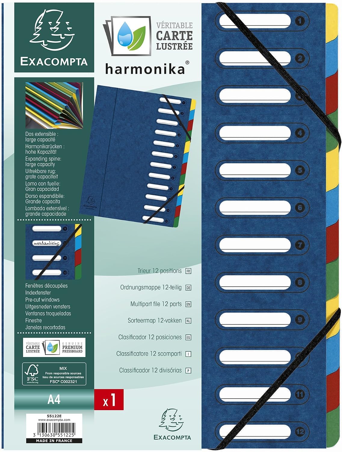 Trieur harmonika a fenetres avec elastiques nature future carte lustree 12 compartiments, Blue