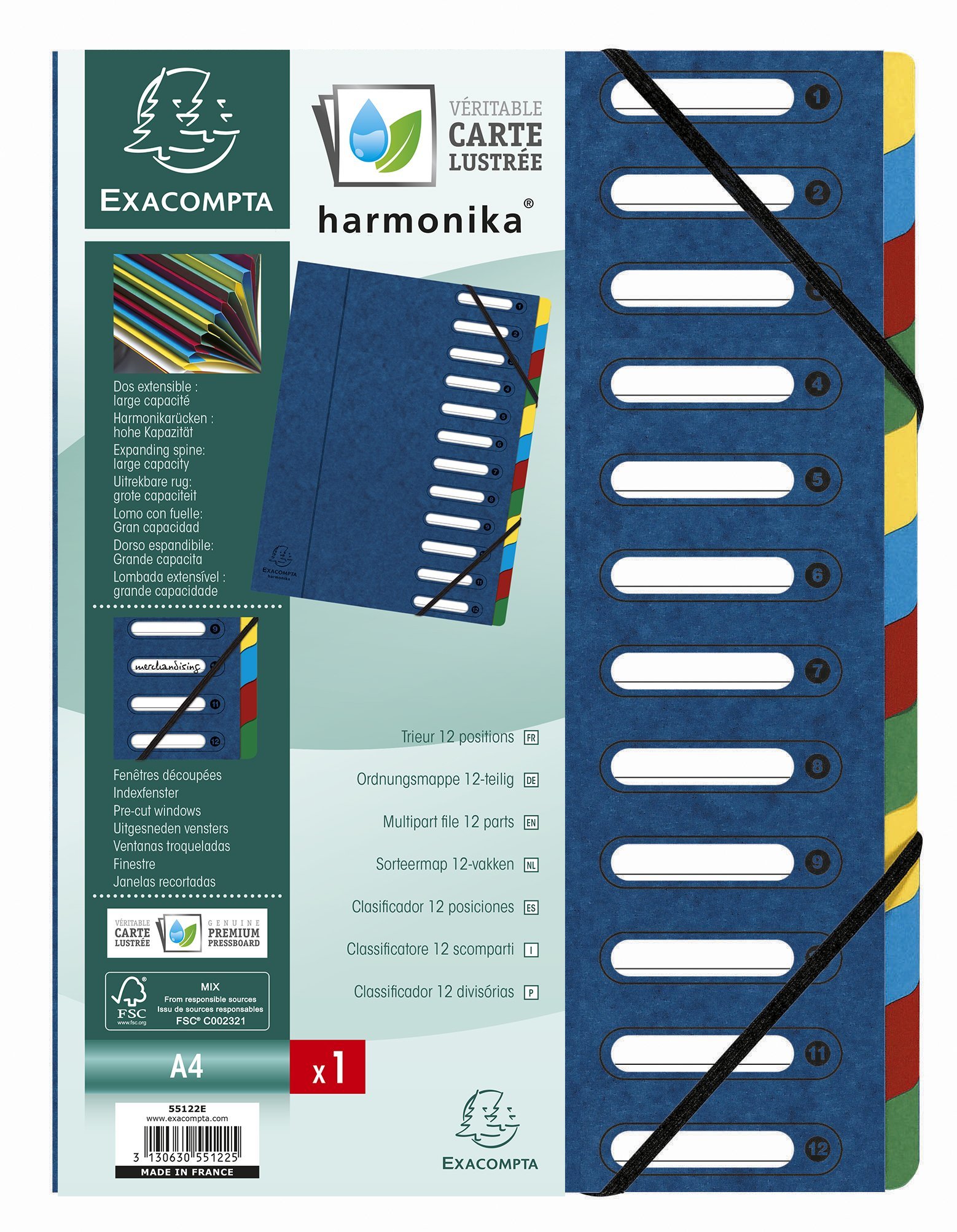 Exacompta 55122E 6er Pack Premium Ordnungsmappe Harmonika. Aus extra starkem Colorspan-Karton DIN A4 12 Fächer und 2 Gummizüge mit Indexfenster und dehnbarem Rücken Register-Mappe blau
