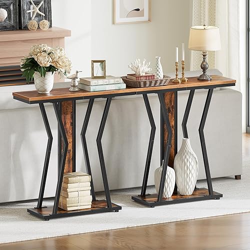 Miniatura 4 de HOOBRO BF66XG01 - Mesa consola estrecha de 29.5 pulgadas con almacenamiento, mesa de sofá de 2 niveles detrás del sofá, estilo moderno, para sala de