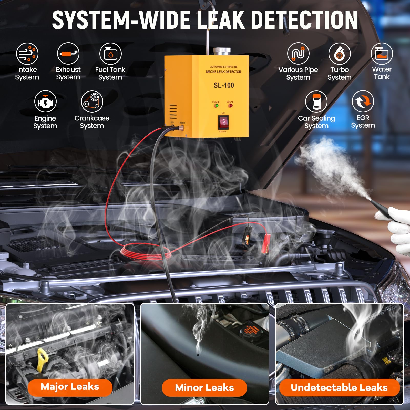 GODIAG SL100 12V Máquina de Humo Coche Maquina de Humo para Coche con Bomba de Aire Incorporada Detector Fugas Humo Máquina Humo Coche para ATVs/Motos/Motos de Nieve y Barcos