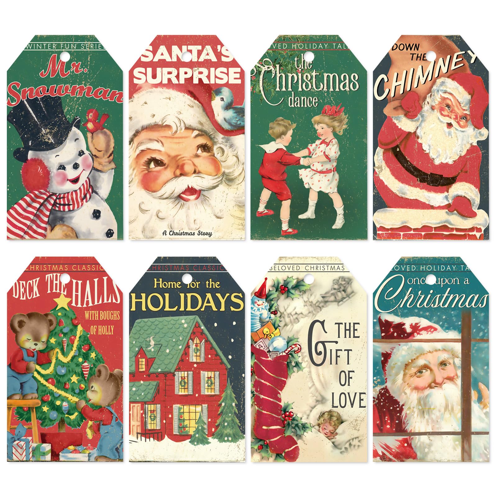 Whaline 120Pcs Vintage Christmas Paper Gift Tags Santa Snowman Retro Blank Hanging Labels with Hemp Rope for Xmas Winter Holiday Present DIY Crafts, 8 Designs
