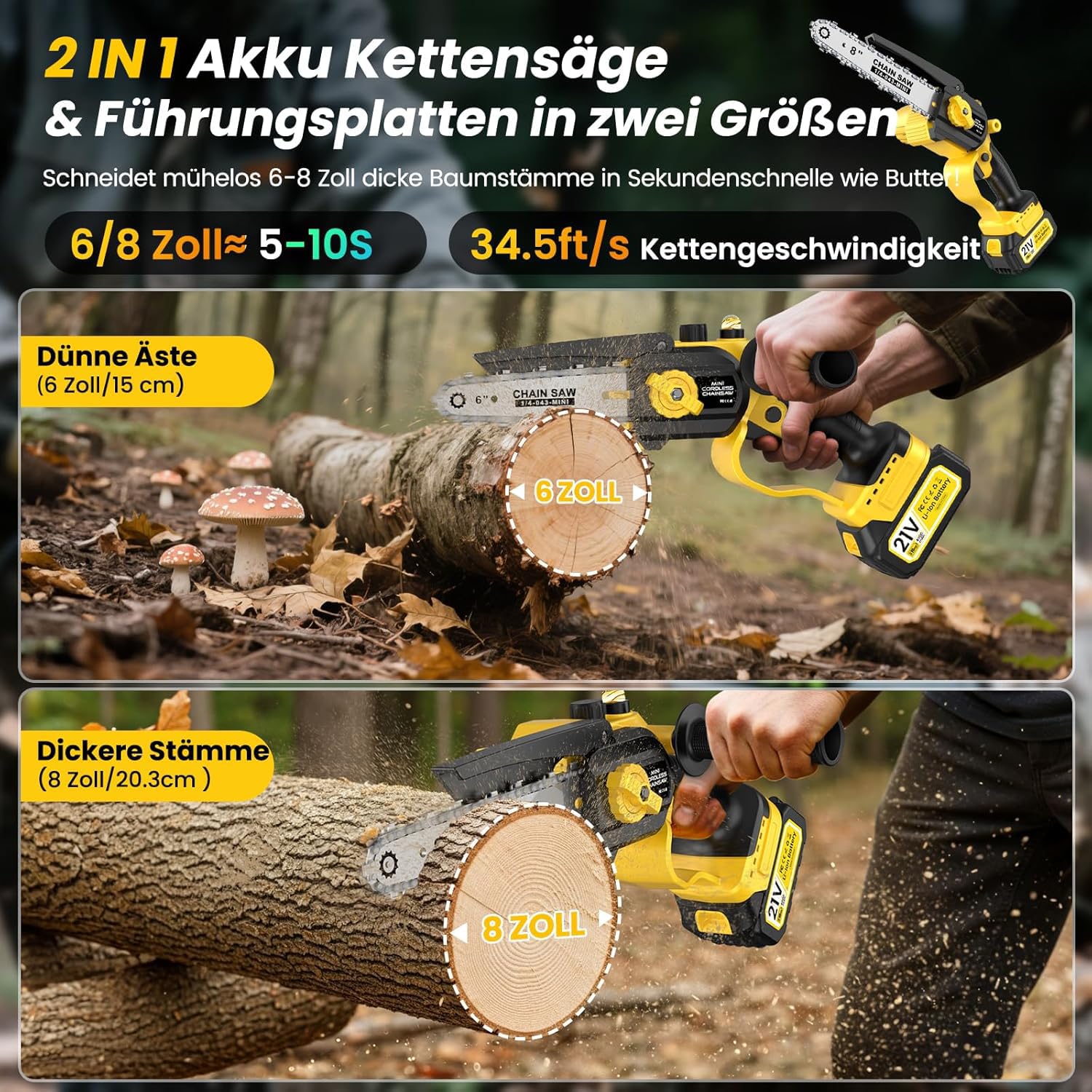 Mini Kettensäge mit Akku 8000mAh, 8-Zoll & 6-Zoll Kettensäge mit Auto-Oil