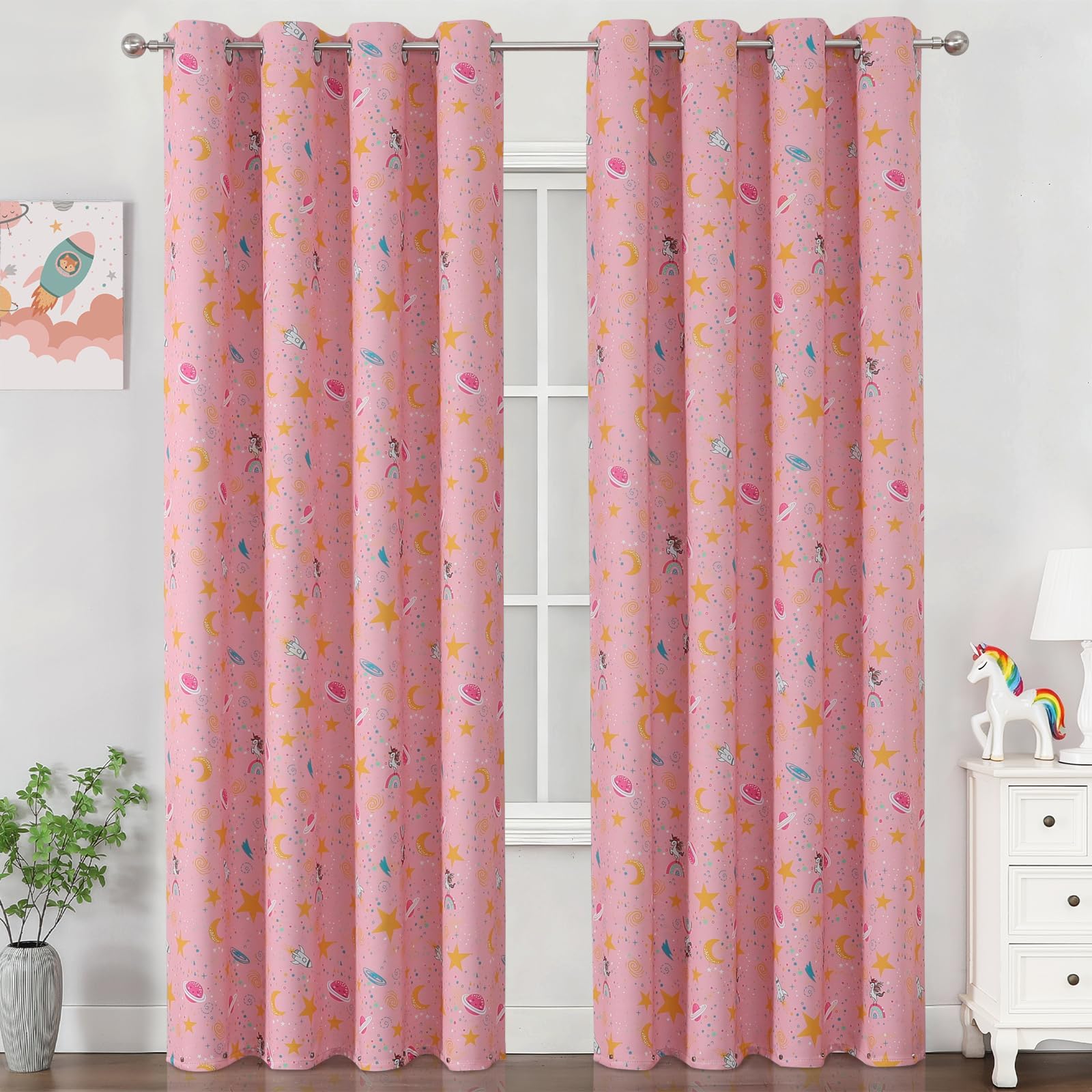 VEHEDE Kids Planets Stars Blackout Curtains, Unicorn Pink Eyelet Thermal Insulated Drapes for Children's Bedroom