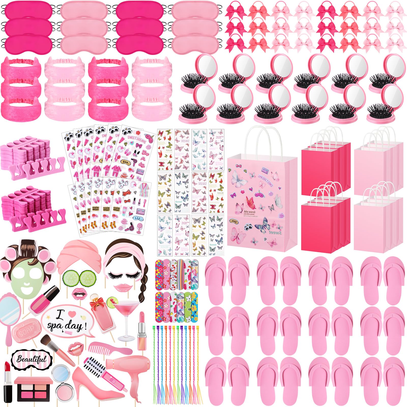 Pinkunn 247 Pcs Spa Party Favors for Women Include Sleep Eye Mask Slippers Foldable Mirror Combs Hair Band Nail File Photo Booth Props with Stick Gift
