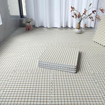12"x12" Foam Floor Tiles, Cotton and Linen Top Interlocking Carpet Tiles, Modern Square Low Pile Bedroom Floor MatOff-White Plaid,7p
