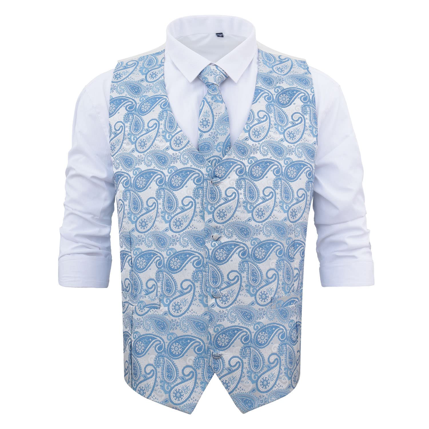 Dqt Men's White And Blue Paisley Bohemian Jacquard Waistcoat, Tie, Pocket Square & Cufflinks Set (4Pc) - Wedding, Business & Formal - 42" (Xl)