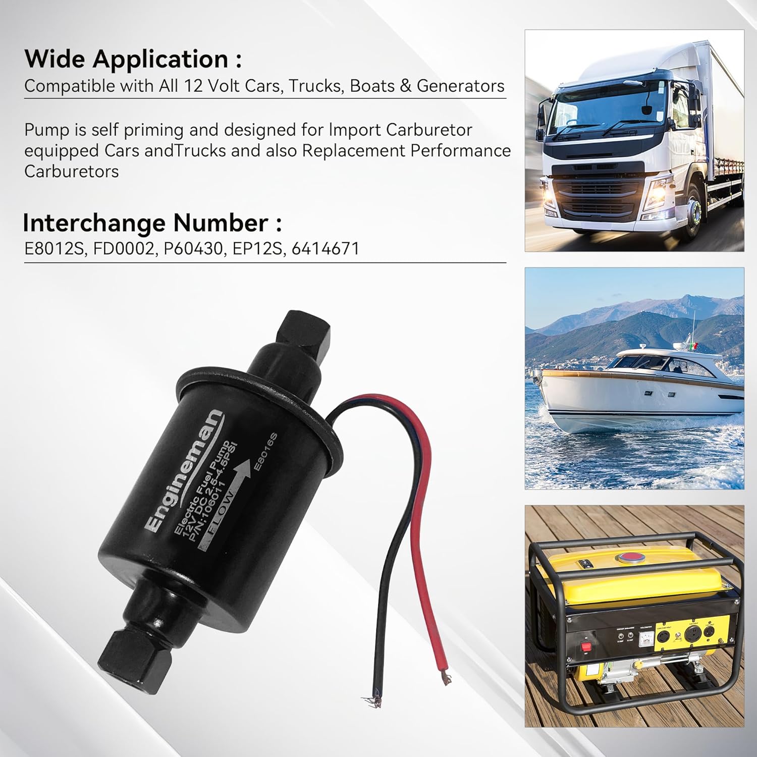 Universal Electric Fuel Pump 12V 2.5-4.5 PSI Inline External 5/16 Inch Compatiable with Gas Diesel Marine Carburetor Marine E8016S with 6.56 FT 5/16" ID Fuel Line Hose