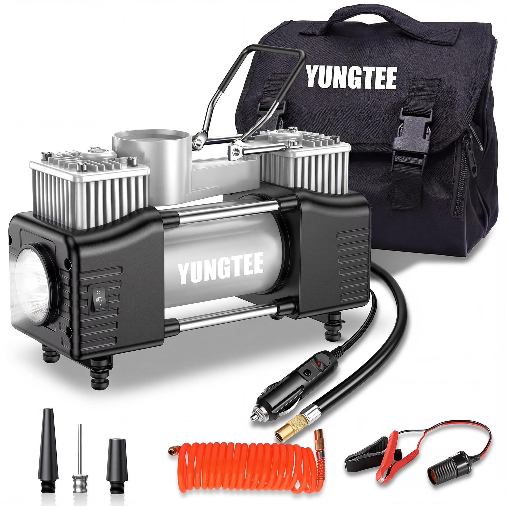 YUNGTEE Inflador de neumáticos portátil, compresor de aire de doble cilindro de 12 V 150 PSI | Luz de emergencia LED, manguera de extensión de 11 pies para coches, SUV, caravanas e inflables, color plateado