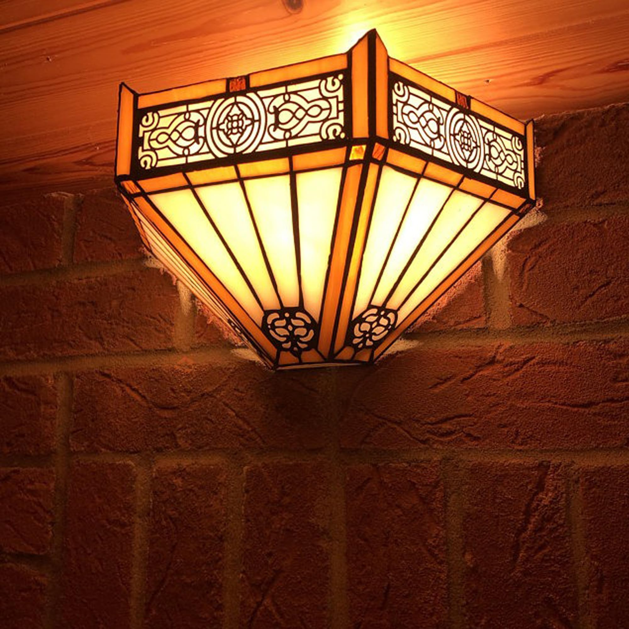 Aplique de Pared Vitral 30,5 cm Diseño Geométrico Misión Ámbar | Aplique de pared Tiffany con pantalla de vitral hecha a mano. Para pasillo, pasillo, salón, dormitorio o escalera.