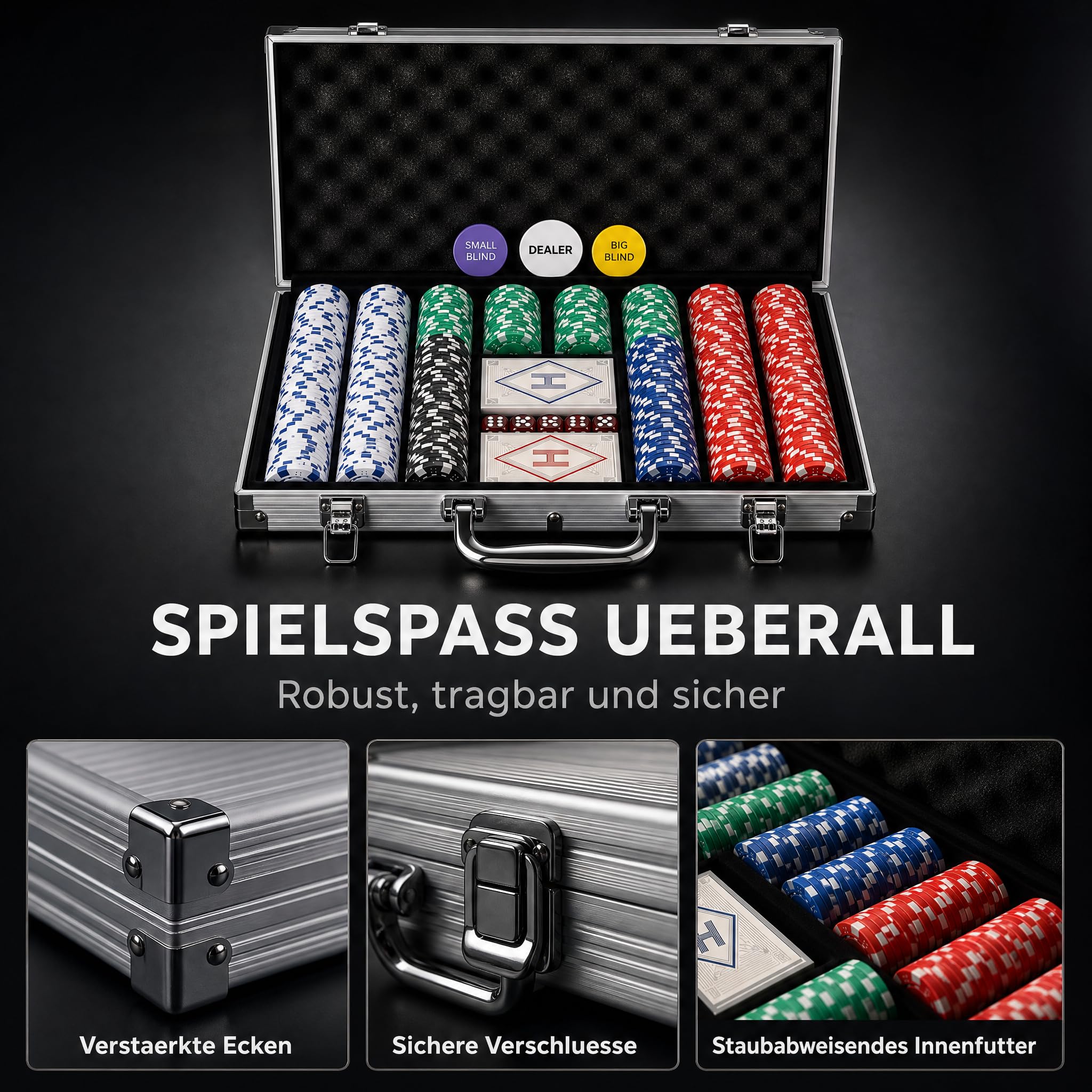 HEITOK Pokerkoffer 300 Stück – Premium Texas Holdem Set, 11,5g m. Nummern | Für 2–8 Spieler: 2 Kartendecks, 5 Würfel, Dealer-, Small- & Big-Blind-Button