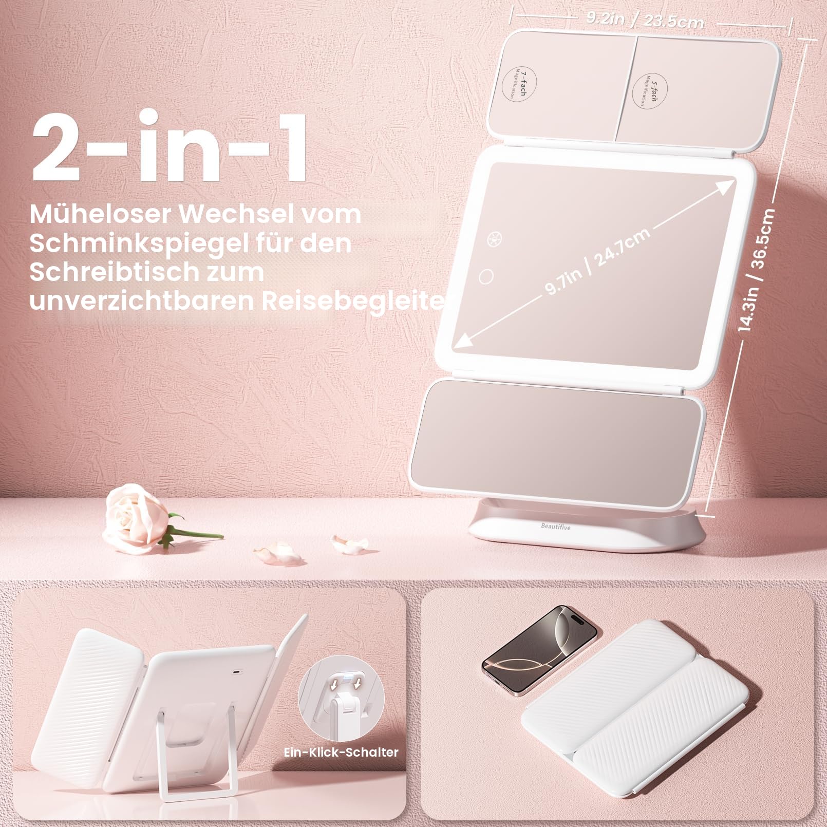 360° Drehbarer & Abnehmbarer Schminkspiegel mit Beleuchtung, 7X/5X/1X Reisespiegel mit Licht, Kosmetikspiegel mit Beleuchtung, 3 Lichtfarben vergrößerungsspiegel Klappspiegel für Schminktisch