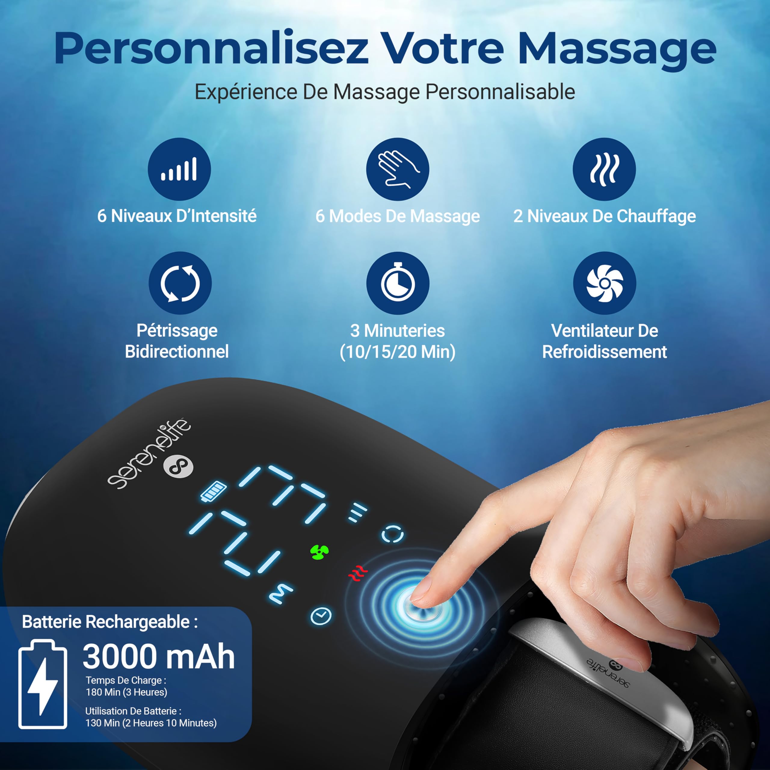 SereneLife Masseur de Main Intelligent avec Chaleur, Compression et Pétrissage, 6 Modes, 6 Niveaux d'Intensité, Masseur Électrique pour Détente des Mains, Réduction du Stress et Soulagement