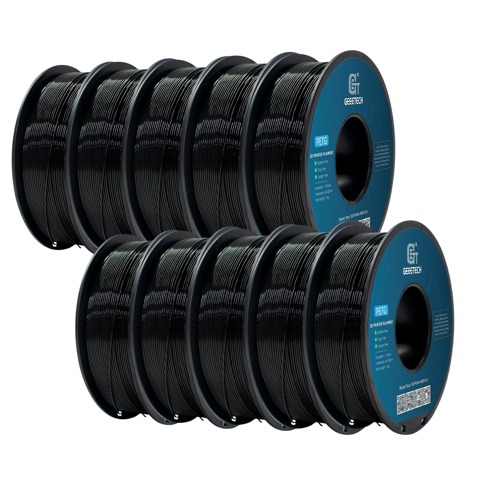 GEEETECH PETG Filamento 1.75mm 10kg, Filamento PETG para Impresora 3D, Precisión Dimensional +/- 0,02 mm, 10 Carretes, 1 kg por Carrete (10*Negro)