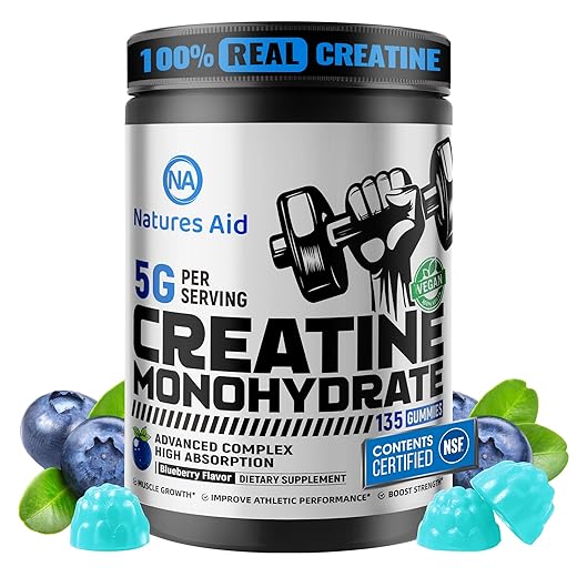 Natures Aid Creatine Monohydrate Gummies (5g) – Pre-Workout Energy & Muscle Growth Support for Men & Women | Blueberry Electrolyte Gummies (135 Count)