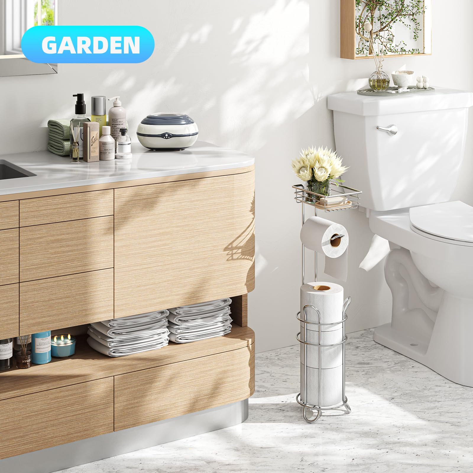 Simple Trending Toilet Paper Holder Stand with Shelf for 4 Rolls — Amazon image 2