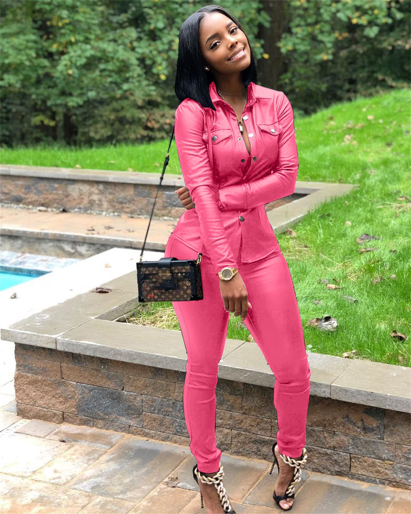 Women's PU Faux Leather 2 Piece Outfits V Neck Long Sleeve Crop Top + Stacked Pants Set (Pink,XX-Large)