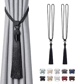 Pretty Jolly 2 Pack Long Tassel Curtain Tiebacks Handmade Braided Rope Knot Drape Tie Backs European Style Decorative Curtain Holdbacks for Home & Office Window Drapery (Black)