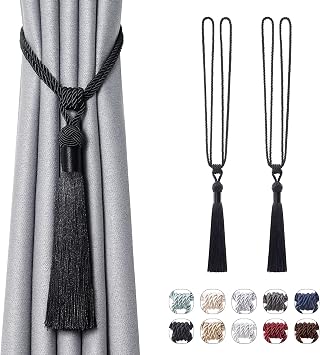 NICEEC 2 Pack Long Tassel Curtain Tiebacks Handmade Braided Rope Knot Drape Tie Backs European Style Decorative Curtain Holdbacks for Home & Office Window Drapery Black