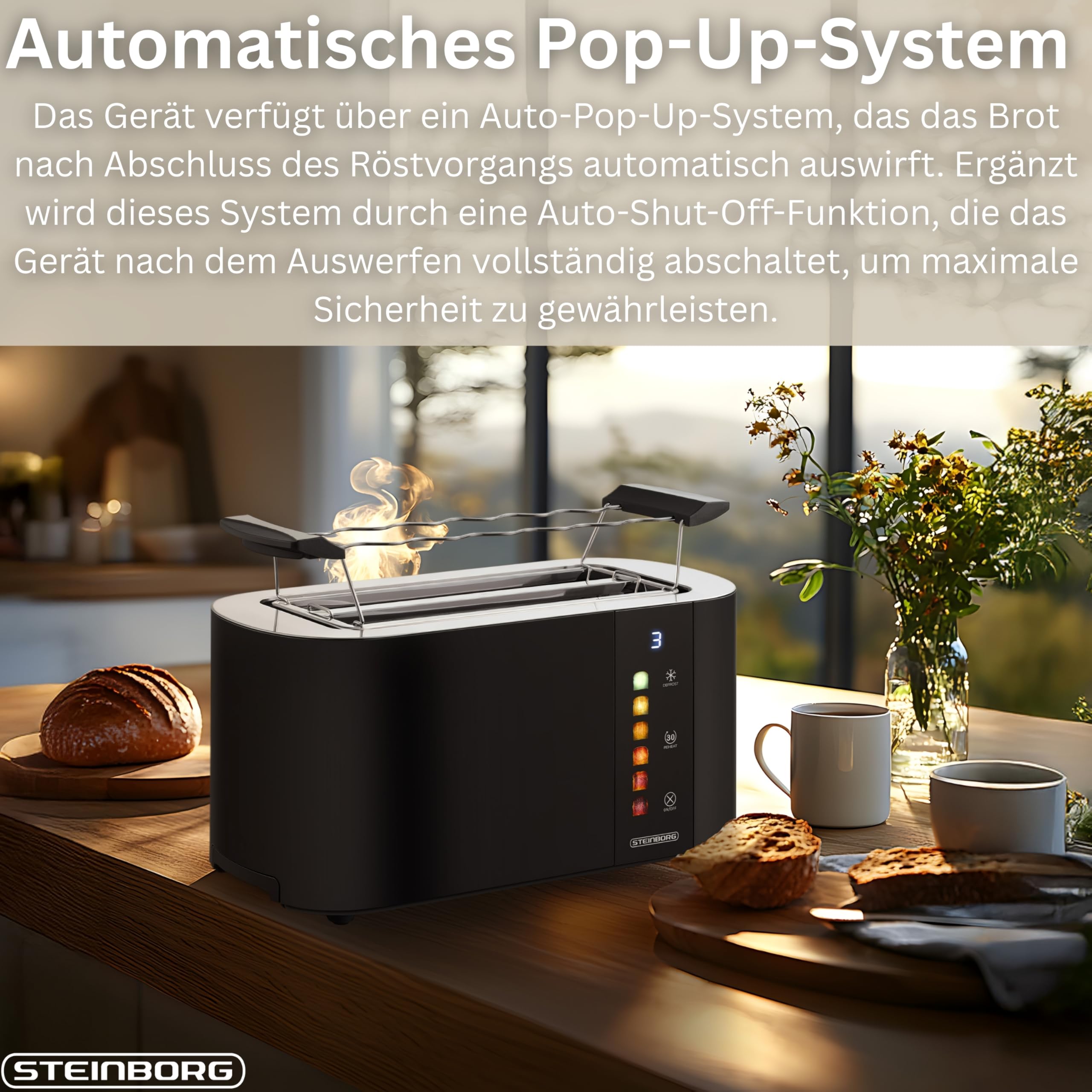Steinborg® Automatik Toaster 4 Scheiben mit Brötchenaufsatz Langschlitztoaster Automatische Liftfunktion ohne Hebel - Toastautomat Digitales Display Brotzentrierung Restzeitanzeige Abschaltautomatik