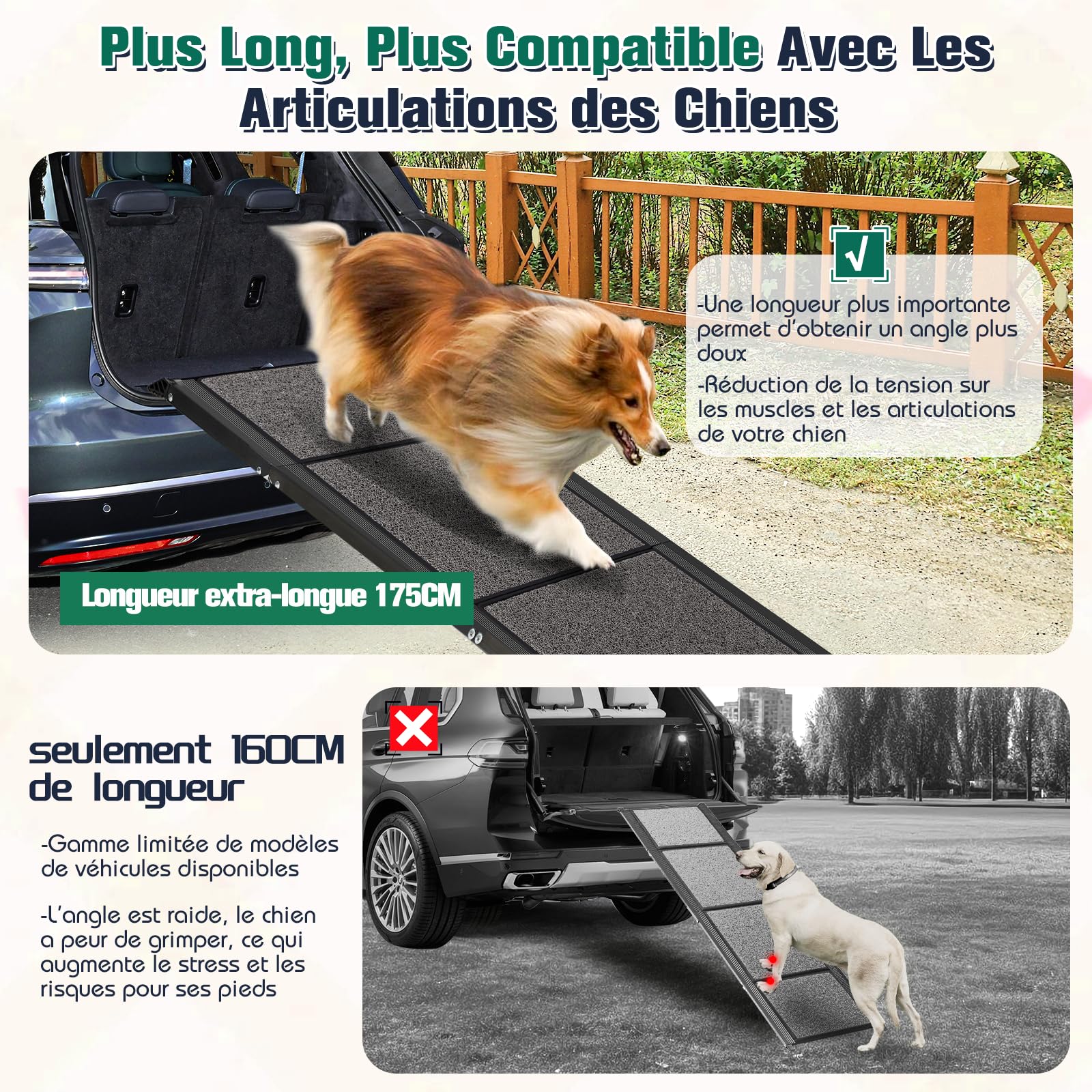 Rampe pour Chien Voiture Pliable Extra Longue 175cm, Rampes D'Accès Voiture pour Chien avec Surface Antidérapante, Échelle De Voiture Pliante Escalier pour Grands Chiens, Supporter Un Poids De 115kg