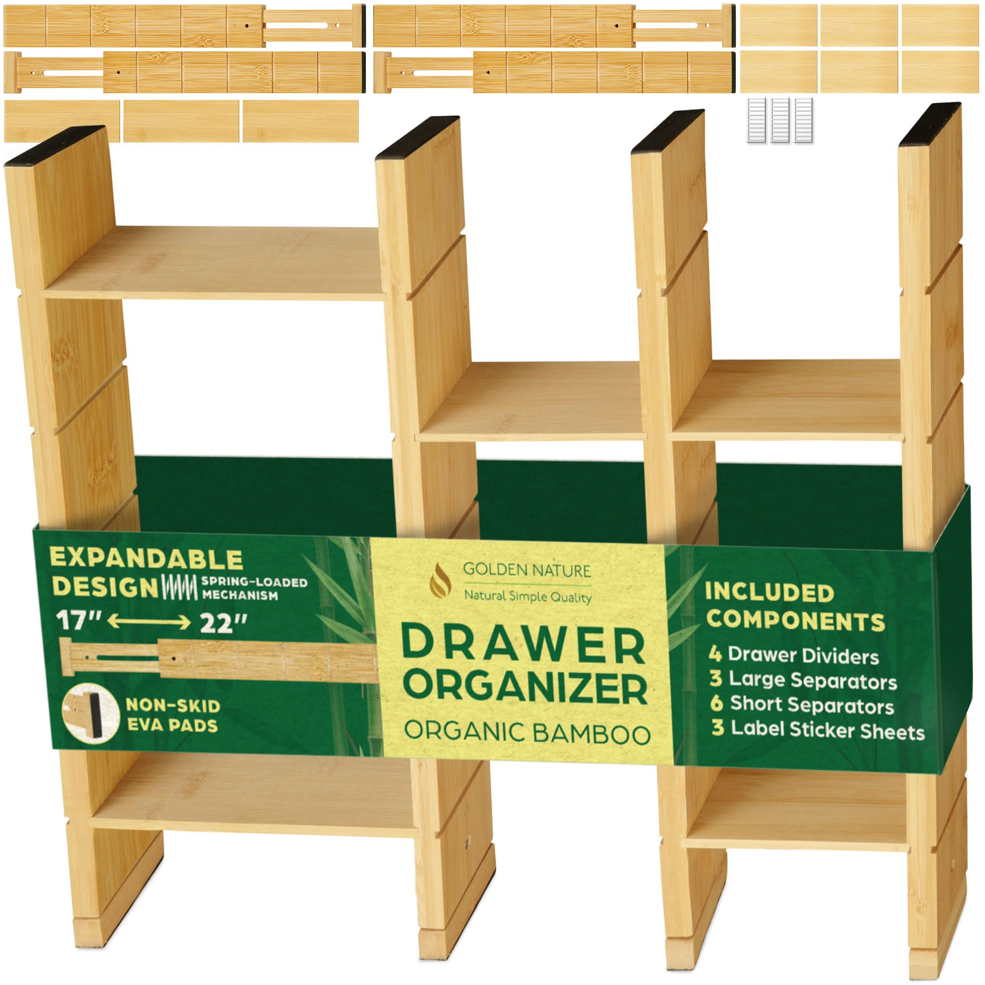 Organiseur de tiroir en bambou – avec inserts et étiquettes autocollantes, 43,2 à 55,9 cm – Séparateurs de tiroir de cuisine réglables à ressort pour ustensiles, rangement de tiroirs