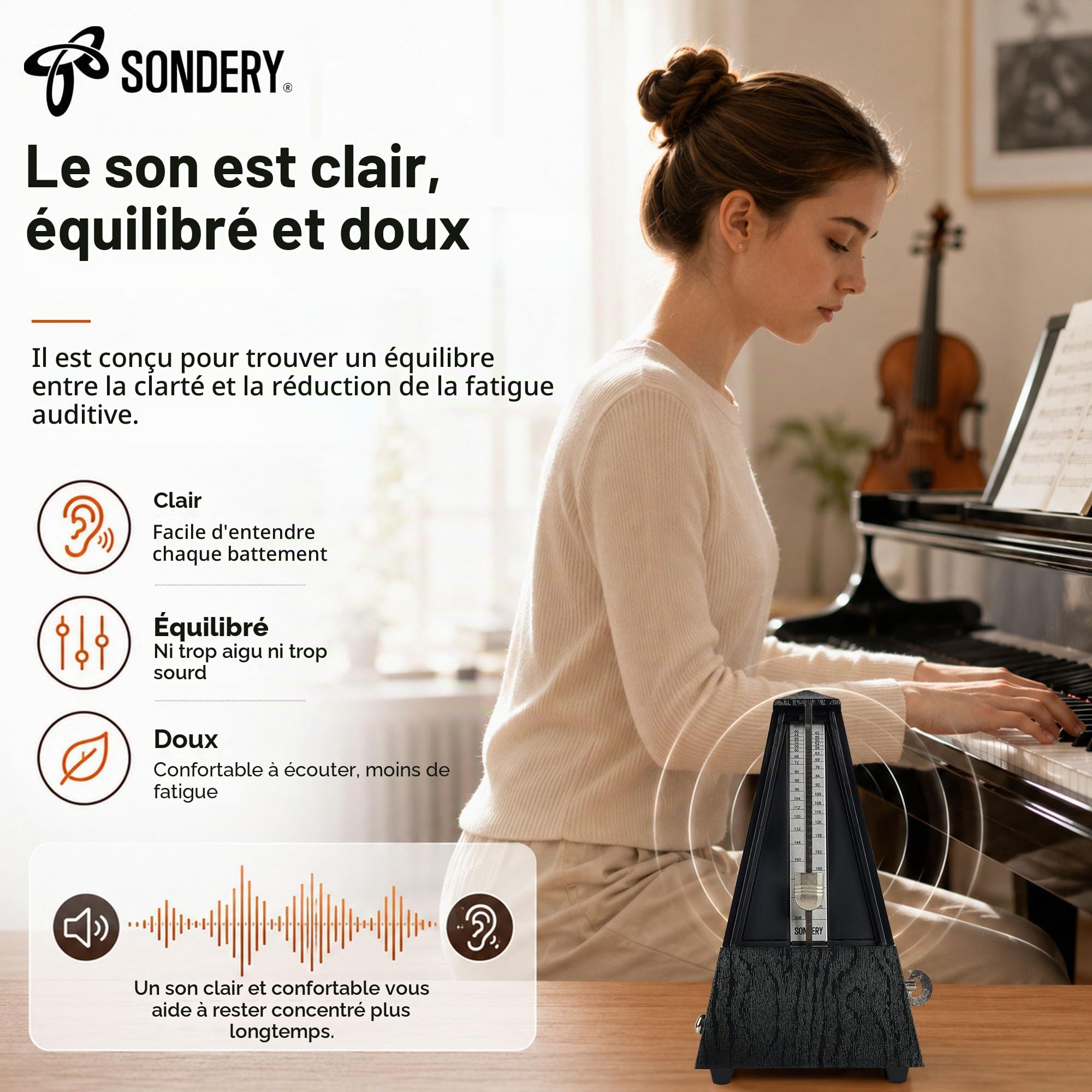 Sondery Accordeur Mécanique Classique avec Cloche pour Piano, Guitare, Batterie, Violon, Saxophone, Tous les Instruments, Gamme de Tempo 40-208bpm, Battements 02346, Boîtier en Bois Grain ABS Noir