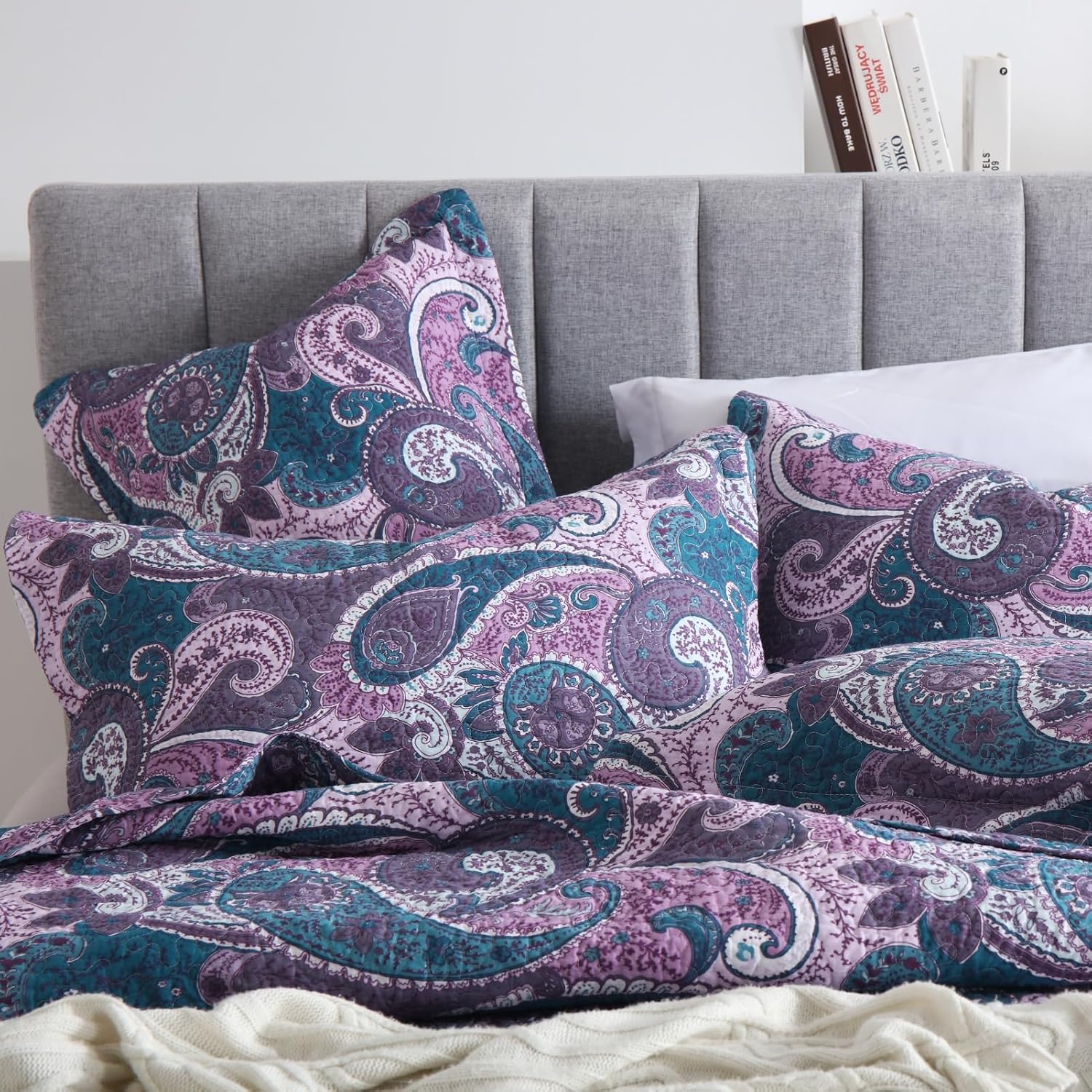 ABREEZE 100% Cotton Paisley Quilt Set King Size 3 Piece Set – Lightweight Bedspread with 2 Shams, Soft & Breathable Floral Coverlet for All-Season Comfort,Purple