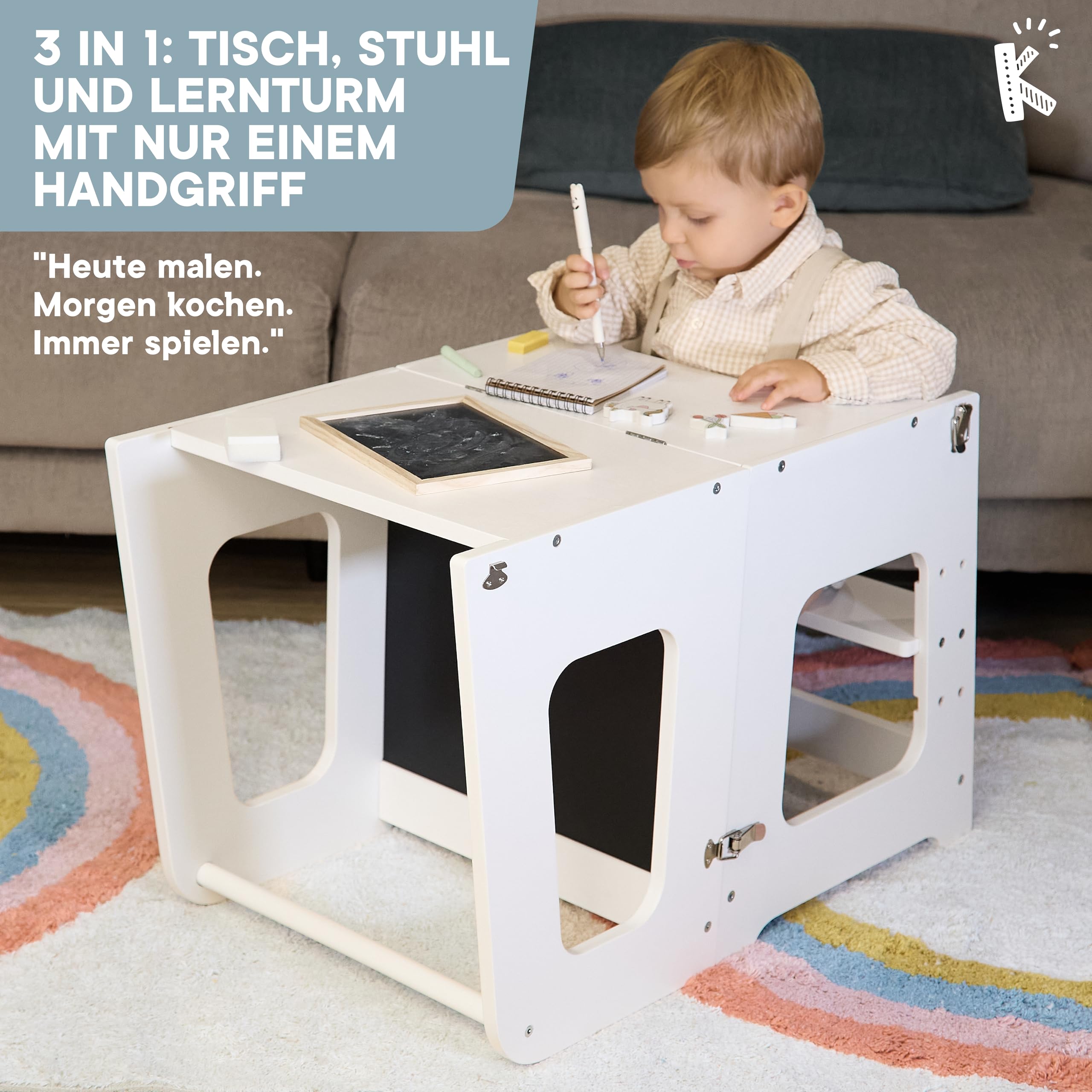 Montessori Lernturm ab 1 Jahr Klappbar Groß– 2-in-1 Premium Learning Tower & Tisch – Lernturm klappbar, Nachhaltiges Unternehmen, höhenverstellbare Stufe, Innovatives (weiß)