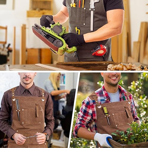 Miniatura 6 de LeuMuas Aprons for Men Women with Pockets Cotton Canvas Cross Back Heavy Duty Chef Work Apron, Size M-XXL