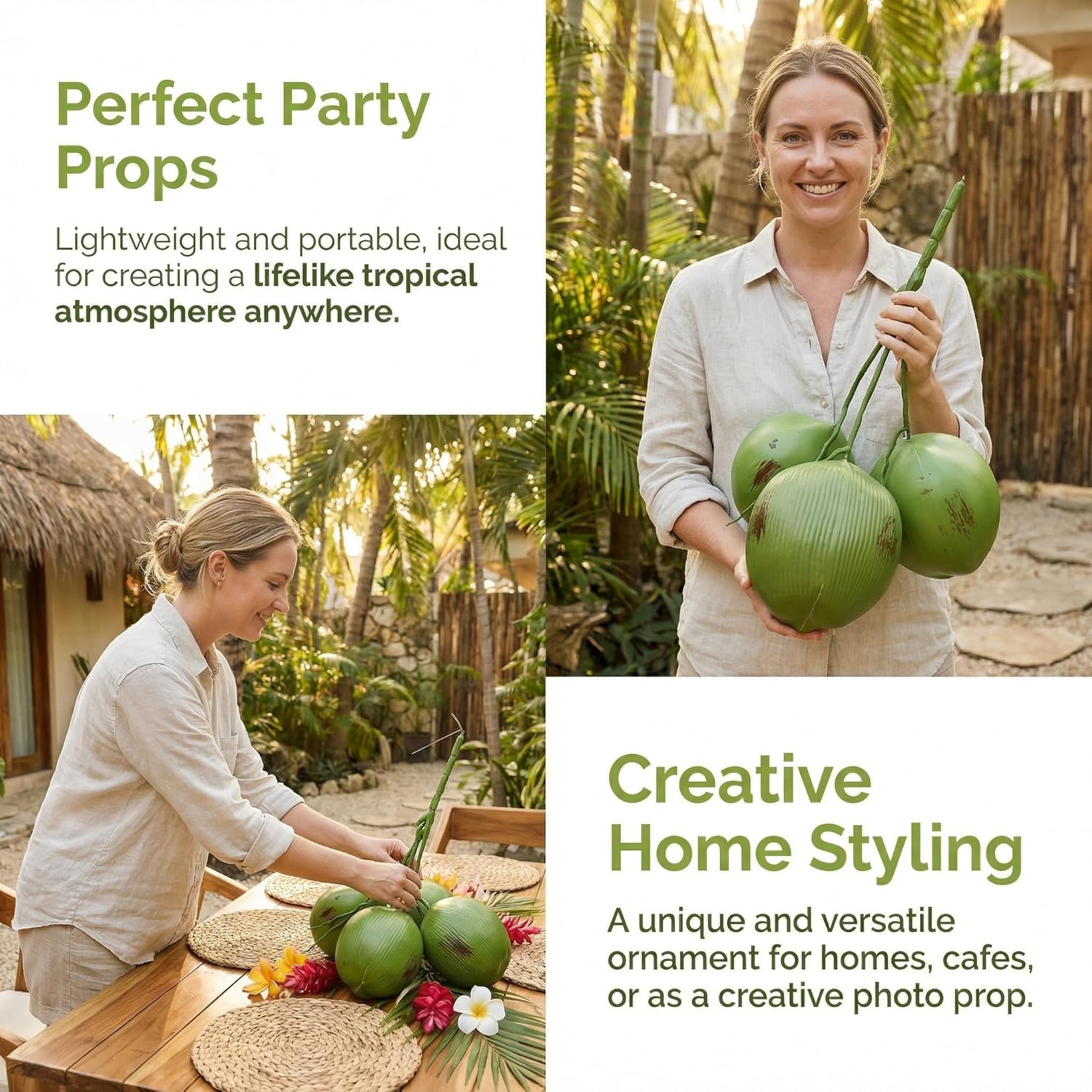 Homoyoyo Artificial Coconuts,1 Bunch Fake Coconut Decorations for Farmhouse Tropical Parties Lifelike Tropical Fake Green Coconuts Photo Props Creative Fruit Ornaments for Home Decor