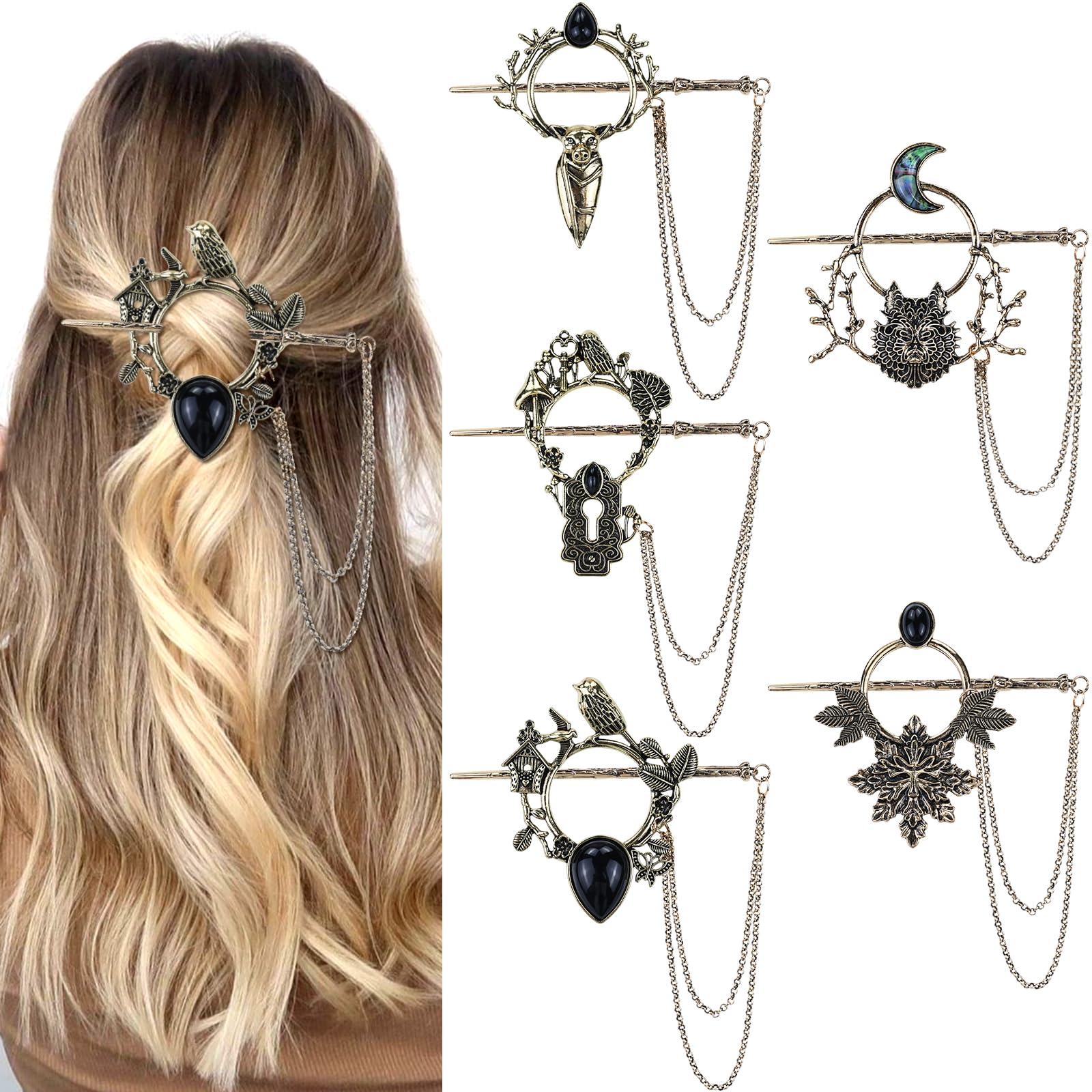 inSowni 5 Pieces Unique Vintage Bronze Metal Celtic Hairpins Retro Hair Sticks Minimalist Hair Forks Accessories for Women Girls