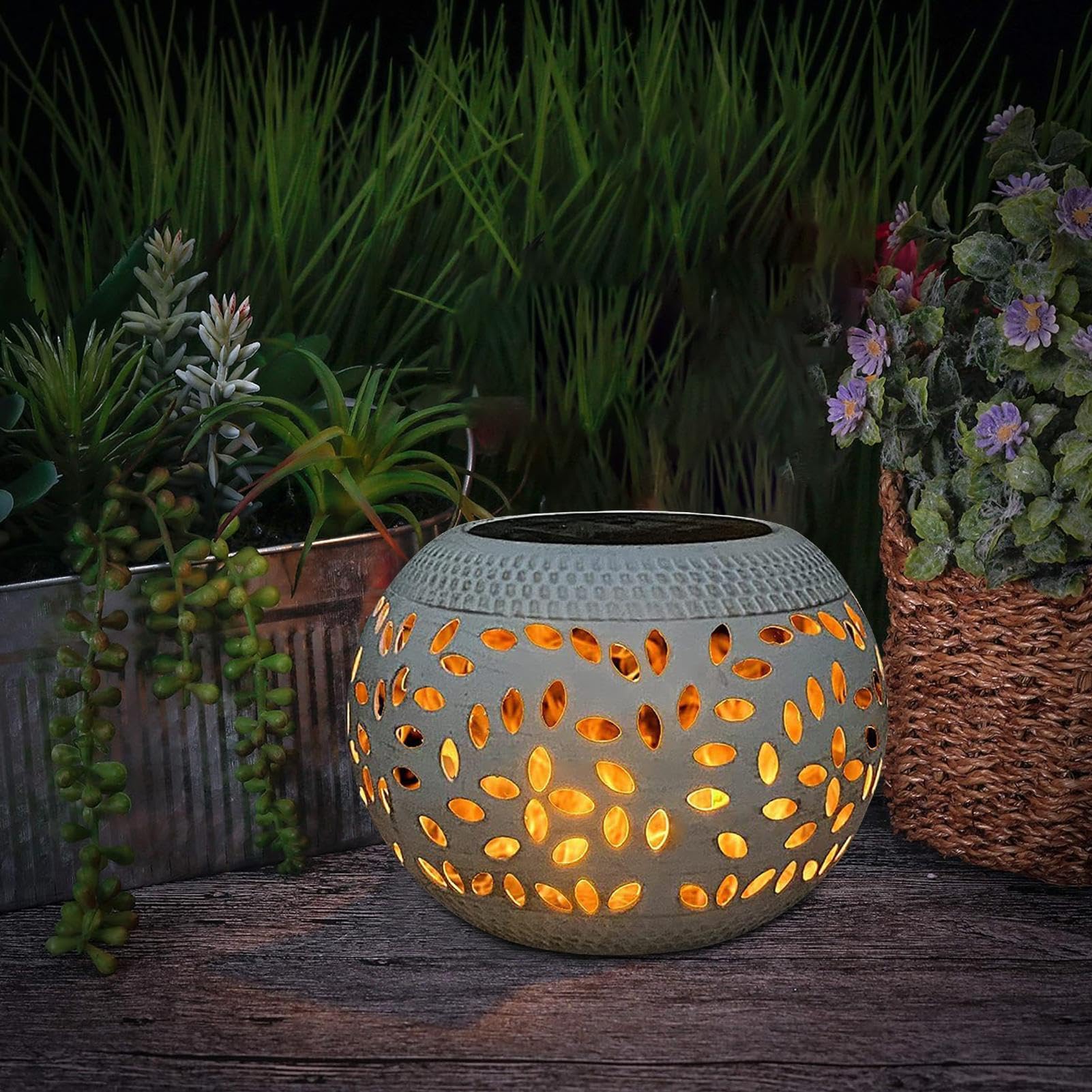 Solar Table Light for Outdoor Garden - Vintage Metal Solar Powered Light Table Lantern with Realistic Flickering Flame, IP55 Waterproof LED Lights Tablelamp Decorations for Desk Patio Garden and Path