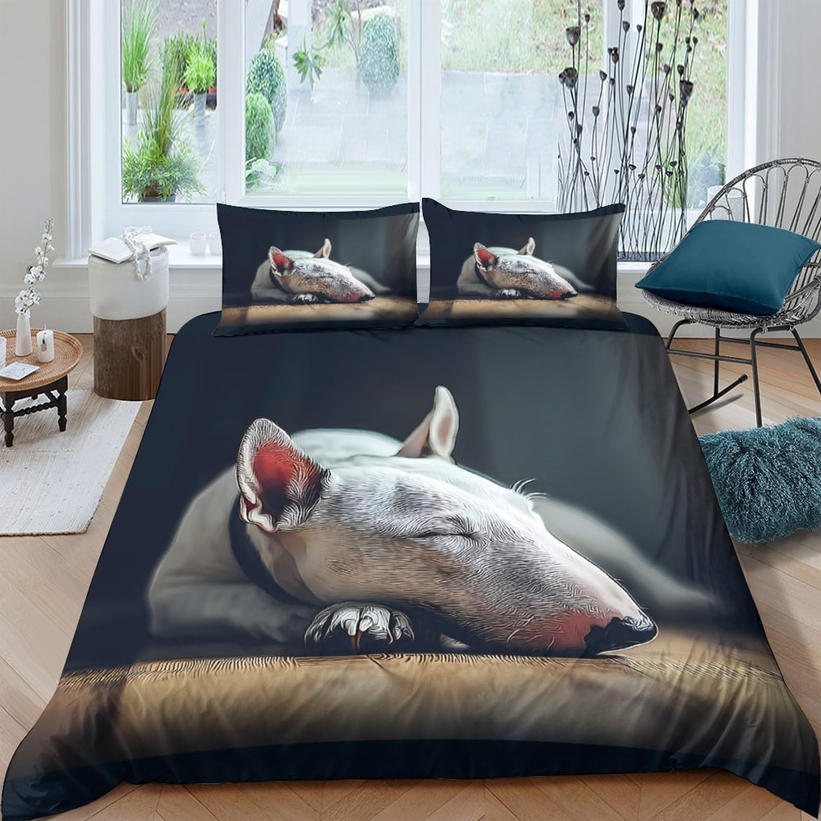 Ctjqhvkz Style-4 3D Printed Sleeping Bull Terrier Fitted Sheet Microfiber Black White Dog Pattern Bed Cover Bedroom Decor Mattress Protector Single（135X200cm）