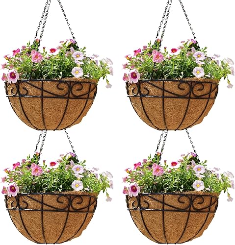 Miniatura 9 de Qusuxi Paquete de 4 cestas colgantes de 14 pulgadas para plantas al aire libre, macetas colgantes de metal con forro de fibra de coco, cadena de
