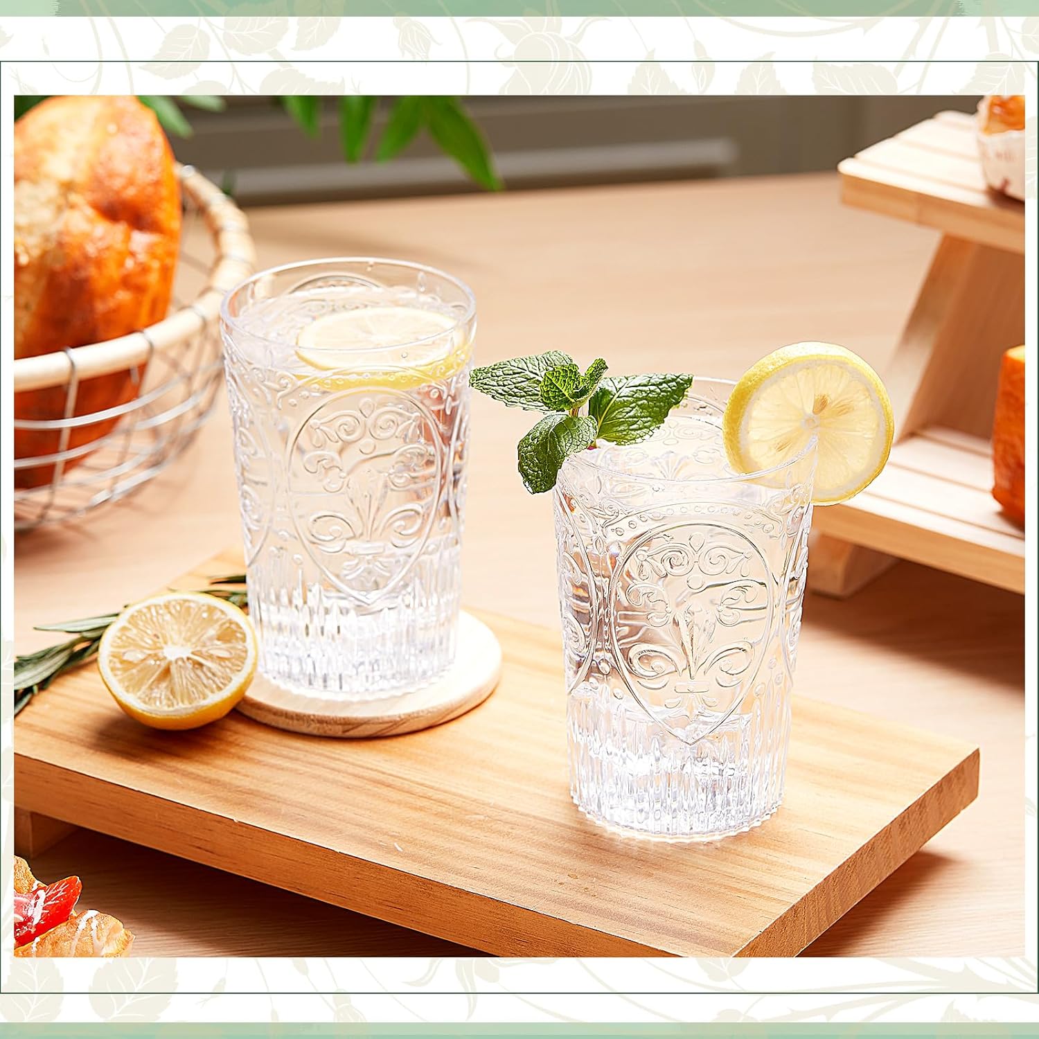 Plastic Vintage Drinking Glasses - 16 oz Stemless Ribbed Highball Glasses Bulk Embossed Reusable Cups for Water Beer Cocktails Juice Wedding Bridal Shower Birthday Event Party(Clear,24 Pcs)