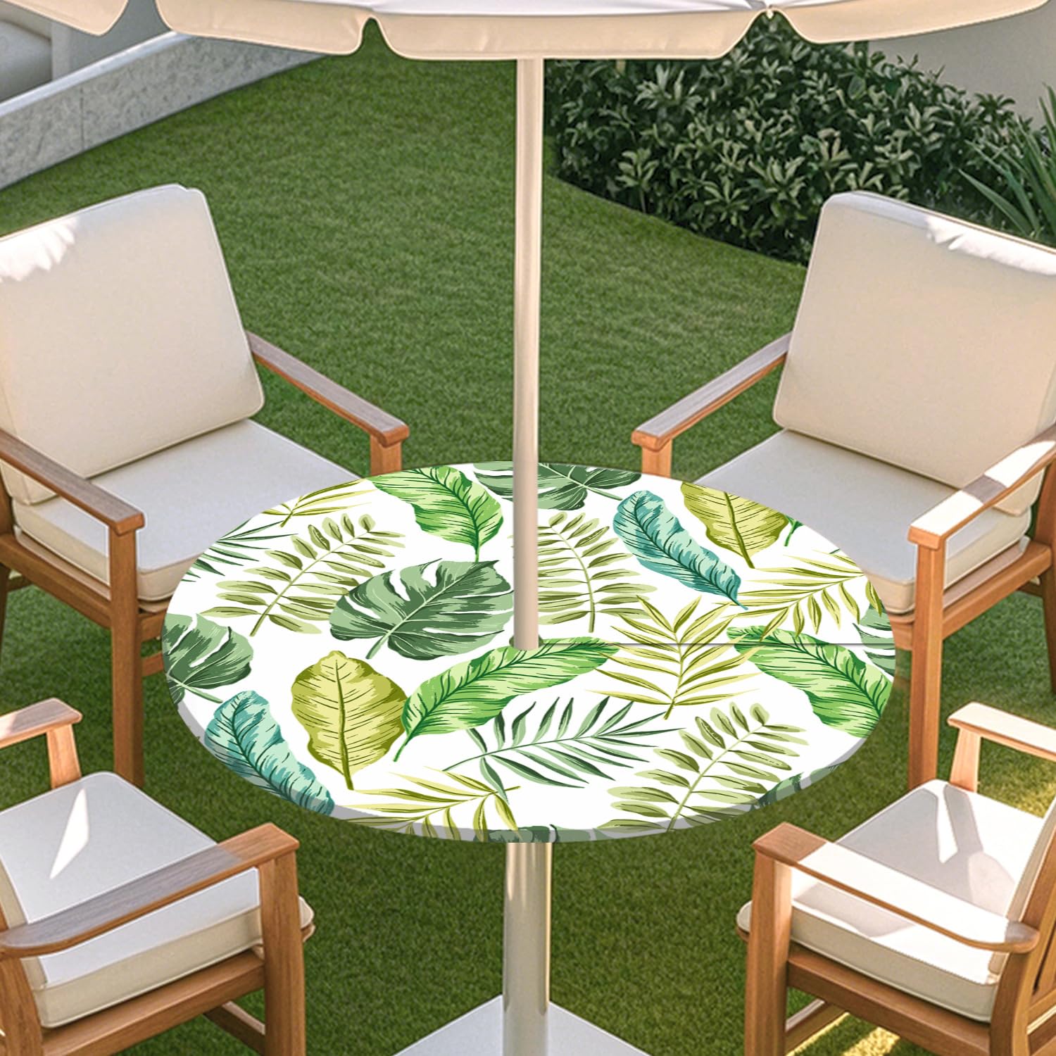 Odot Outdoor Tablecloth with Parasol Hole, Elastic Edge Round Fitted Table Cloth Protector Waterproof,Green Plants Wipe Clean Table Cover for Garden, BBQ, Party (Banana Leaves,S:79-89cm)