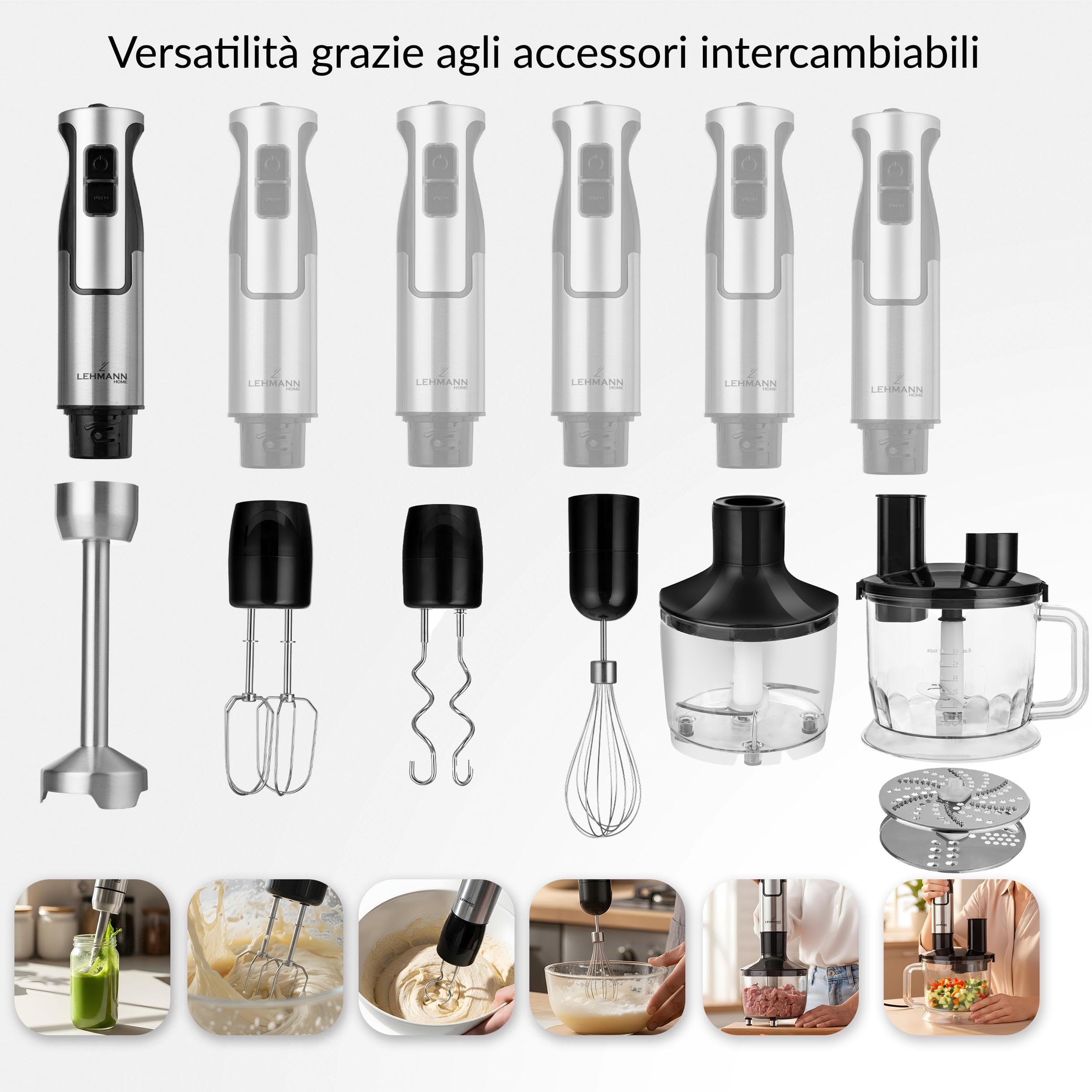 LEHMANN Chopsui Frullatore a Immersione 1200 W - Set 7-in-1-9 Accessori - Misurino da 860 ml - Regolazione Velocità a 8 Livelli - Funzione Turbo - 15000 U/min - Senza BPA - Lama Dorata