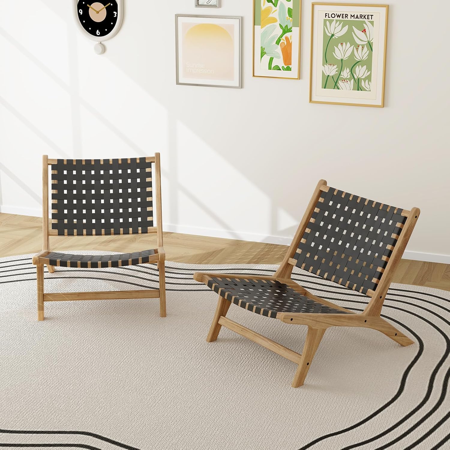 Giantex Woven Accent Chair, Boho Mid Century Modern Armless Accent Chair w/Nylon Backrest & Seat, Teak Wood Frame, Comfy Side Reading Chair for Living Room Bedroom Indoor Outdoor, Black