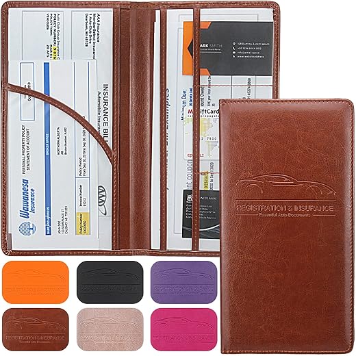 Premium Car Registration & Insurance Card Holder with Magnetic Shut, Vehicle Glove Box Car Organizer - For Documents, Cards, License (Brown)