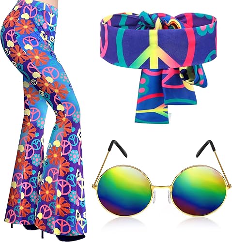 Tisancy Conjunto de 3 piezas de disfraz hippie de los años 60 y 70 para mujer, pantalones acampanados de discoteca, trajes geniales de los años 70,